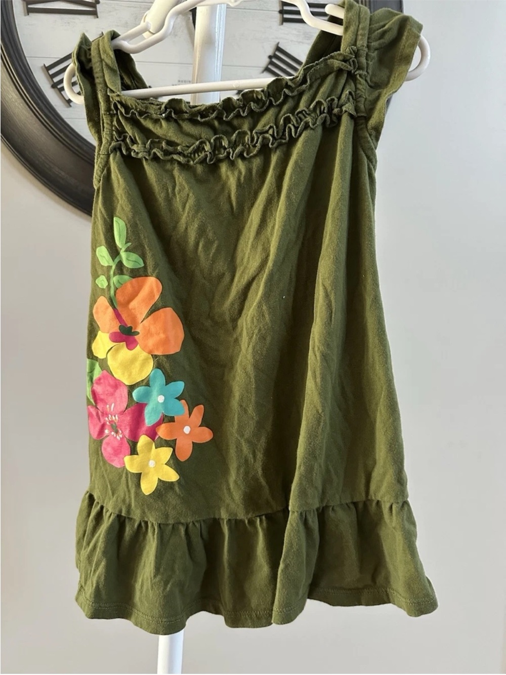 Olive Green Floral Ruffled Tank Dress